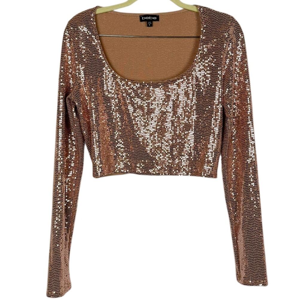 New bebe Glitter Metallic Long Sleeve Scooped Neck Crop‎ Top Small Glam Holiday